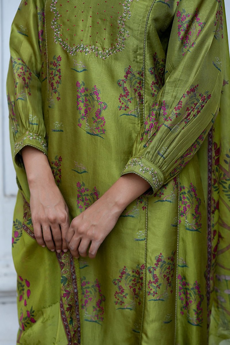 Women's Henna Green Raw Silk Salwar Suit With Organza Dupatta