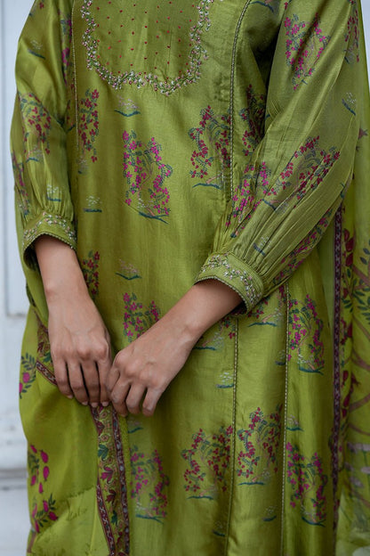 Women's Henna Green Raw Silk Salwar Suit With Organza Dupatta
