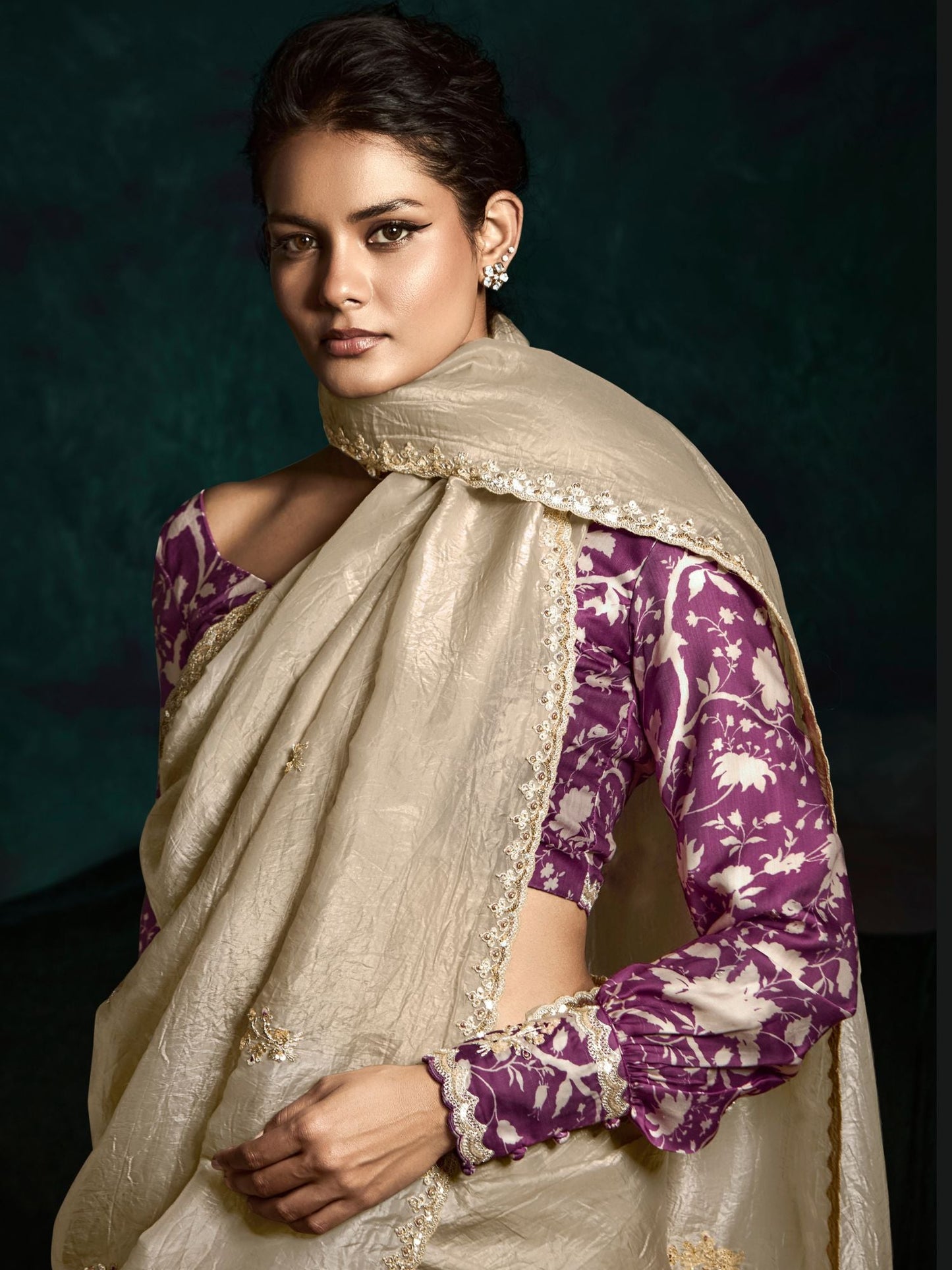 Dhiyona KM Women The Beige Designer Organza Saree: Effortless Elegance For Every Occasion