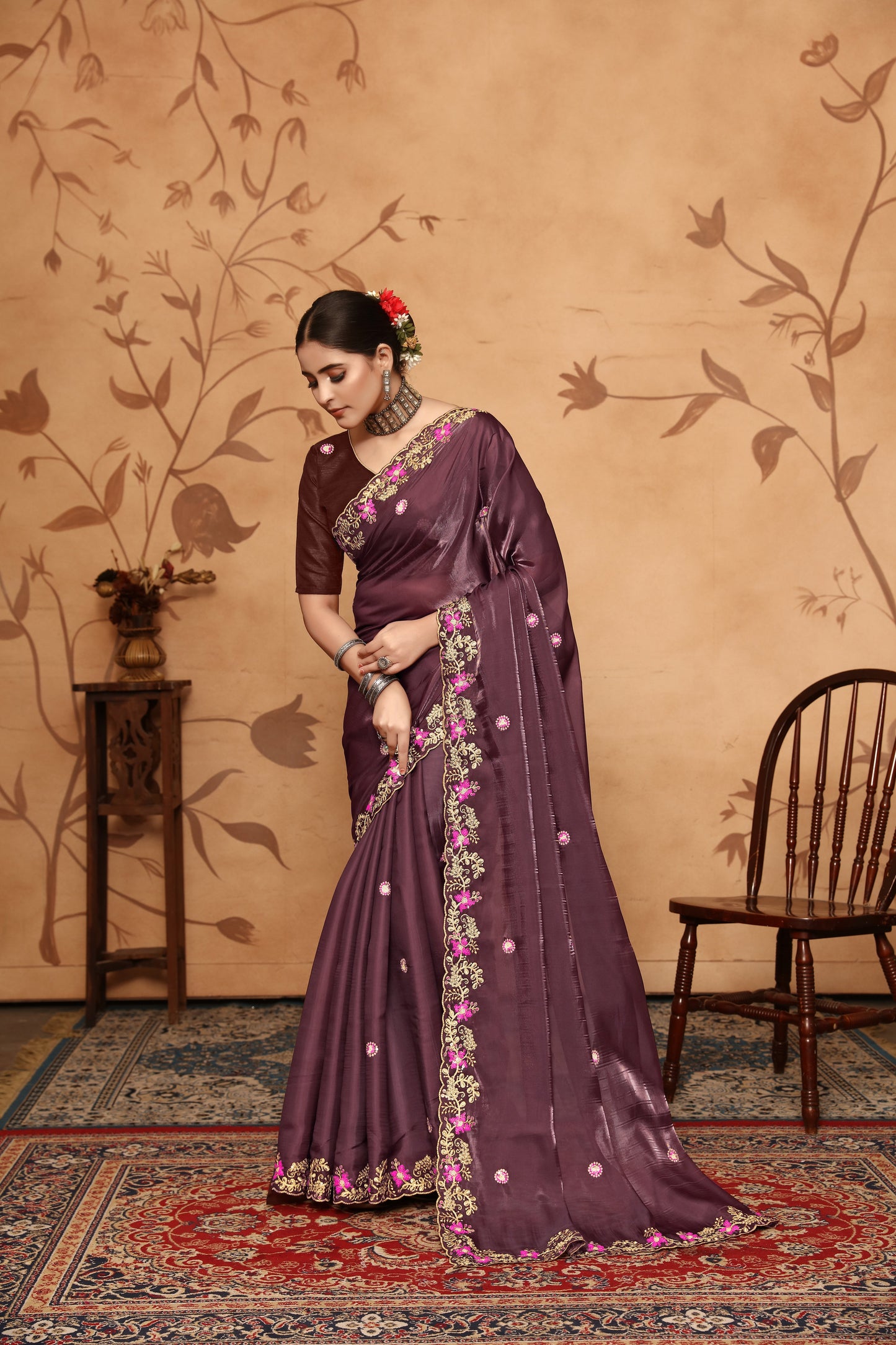 Dhiyona GR Women's Armani Chocolate Brown Jimmi Choo Embroidered Saree