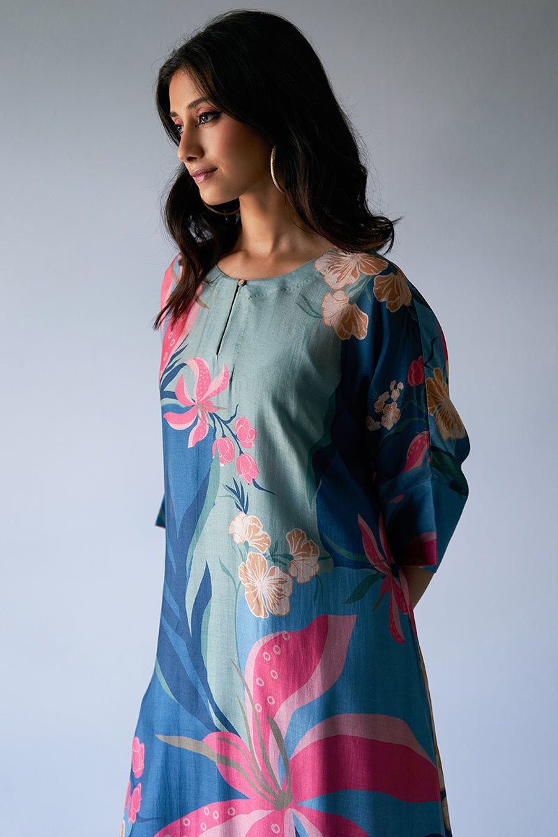 Women's Midnight Blue, Pink and Pistachio Mix Colour Bemberg Silk Printed Co-ord Set