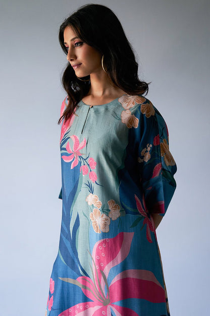 Women's Midnight Blue, Pink and Pistachio Mix Colour Bemberg Silk Printed Co-ord Set
