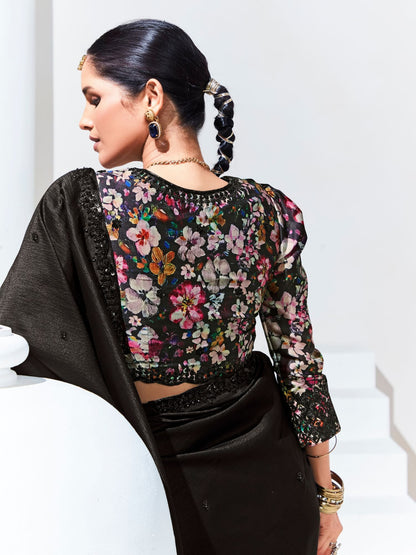 Dhiyona KM Women Black Saree With Floral Embroidered Blouse