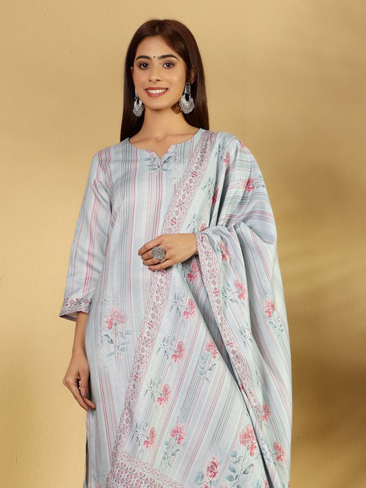 Dhiyona VA Women'sFloral Printed Straight Kurta With Trousers And Dupatta