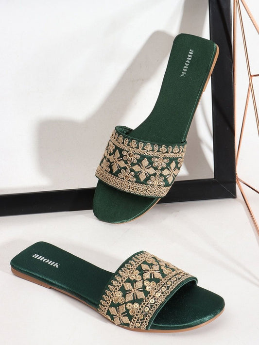 Dhiyona AK Green Embellished Open Toe Flats