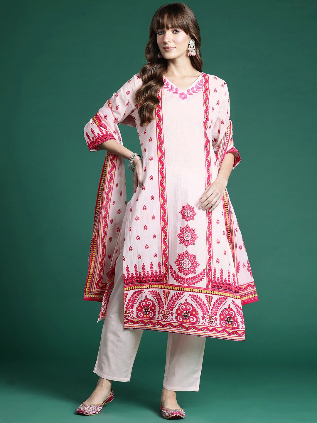 Dhiyona IE Ethnic Motifs Embroidered Panelled Pure Cotton Kurta with Trousers & Dupatta