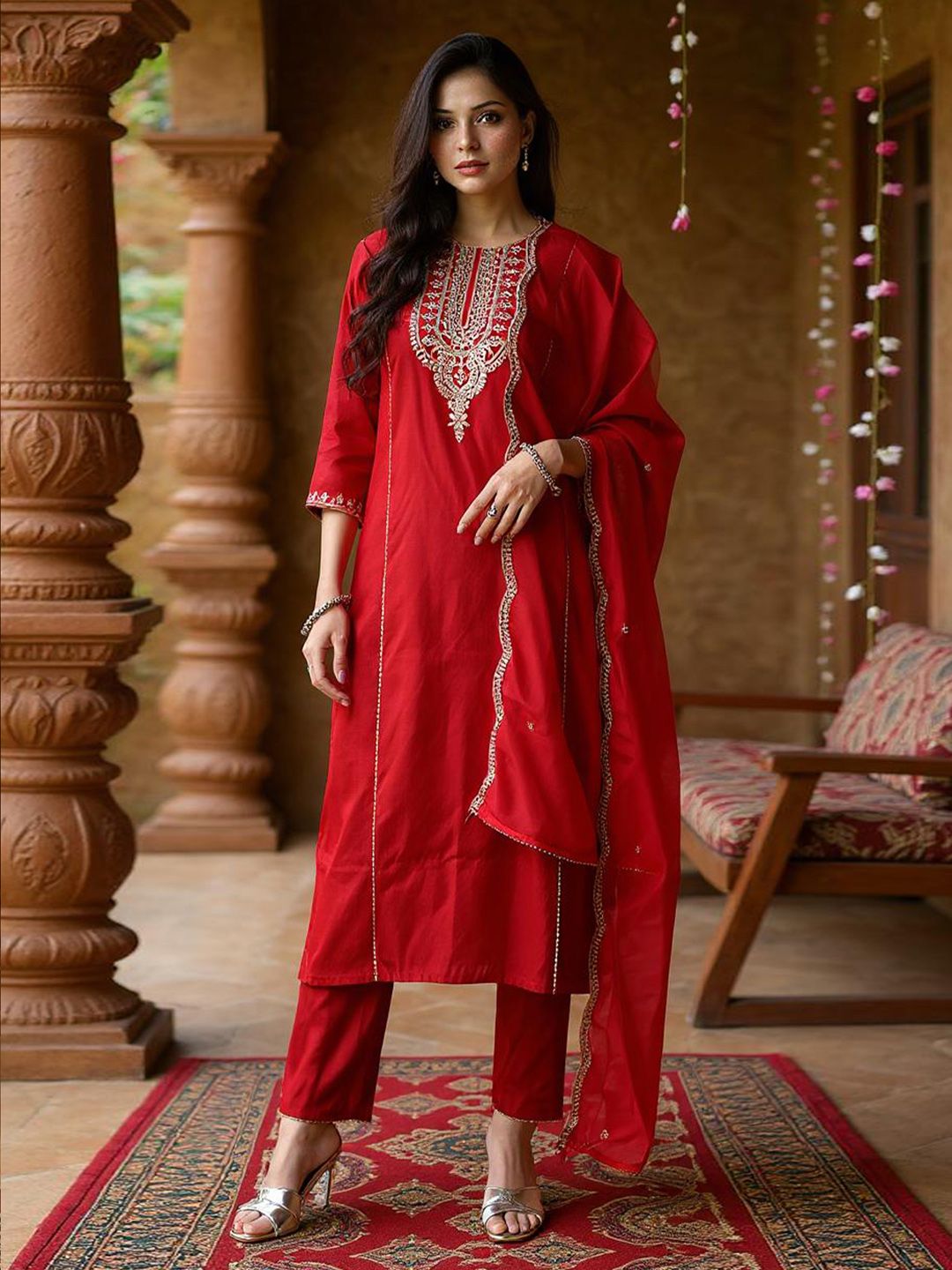 Women Ethnic Motifs Embroidered Panelled Liva Kurta with Trousers & With Dupatta