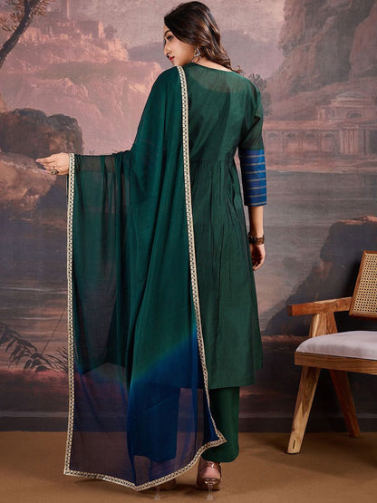 Dhiyona PD Women Floral Yoke Design Sequinned A-Line Kurta & Trousers With Dupatta