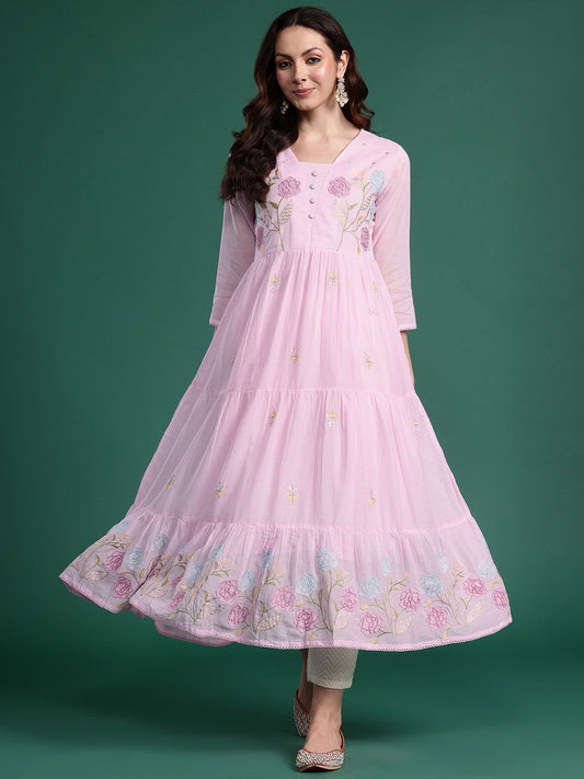 Dhiyona IE Women Floral Embroidered Thread Work Pure Cotton Anarkali Kurta