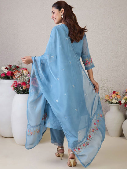 Dhiyona IE Floral Embroidered V-Neck Thread Work Straight Kurta & Trousers & Dupatta
