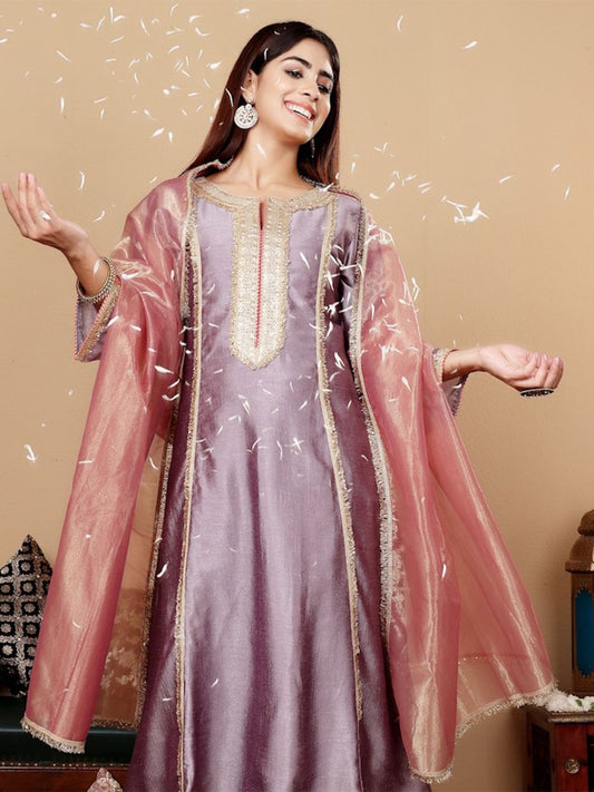 Dhiyona VA Women'sLavender Embroidered Yoke Design Notch Neck Anarkali Kurta with Trousers & Dupatta