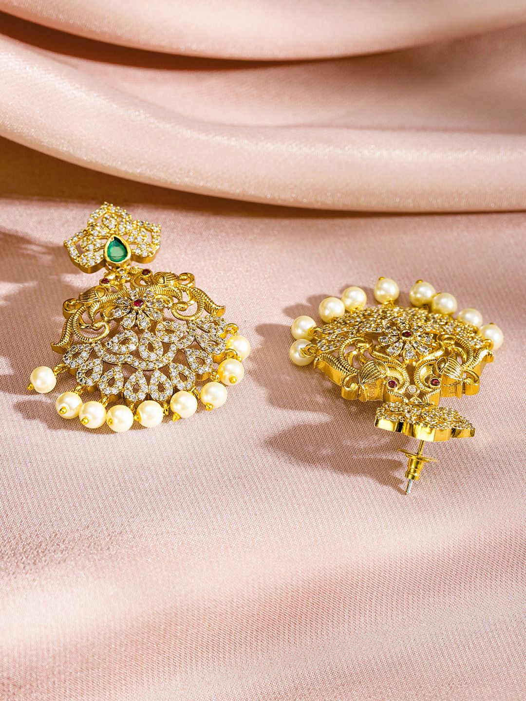 Dhiyona RJ Women's 24K Gold Plated Emerald Ruby & Cubic Zirconia Studded Pearl Drop Jewelry Set
