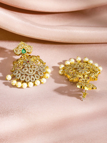 Dhiyona RJ Women's 24K Gold Plated Emerald Ruby & Cubic Zirconia Studded Pearl Drop Jewelry Set