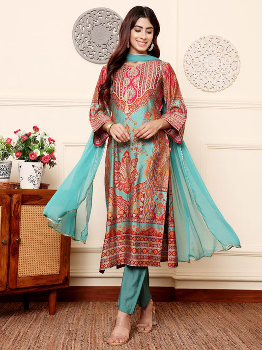 Dhiyona VA Women'sEthnic Motifs Printed Chanderi Silk Kurta With Trousers And Dupatta