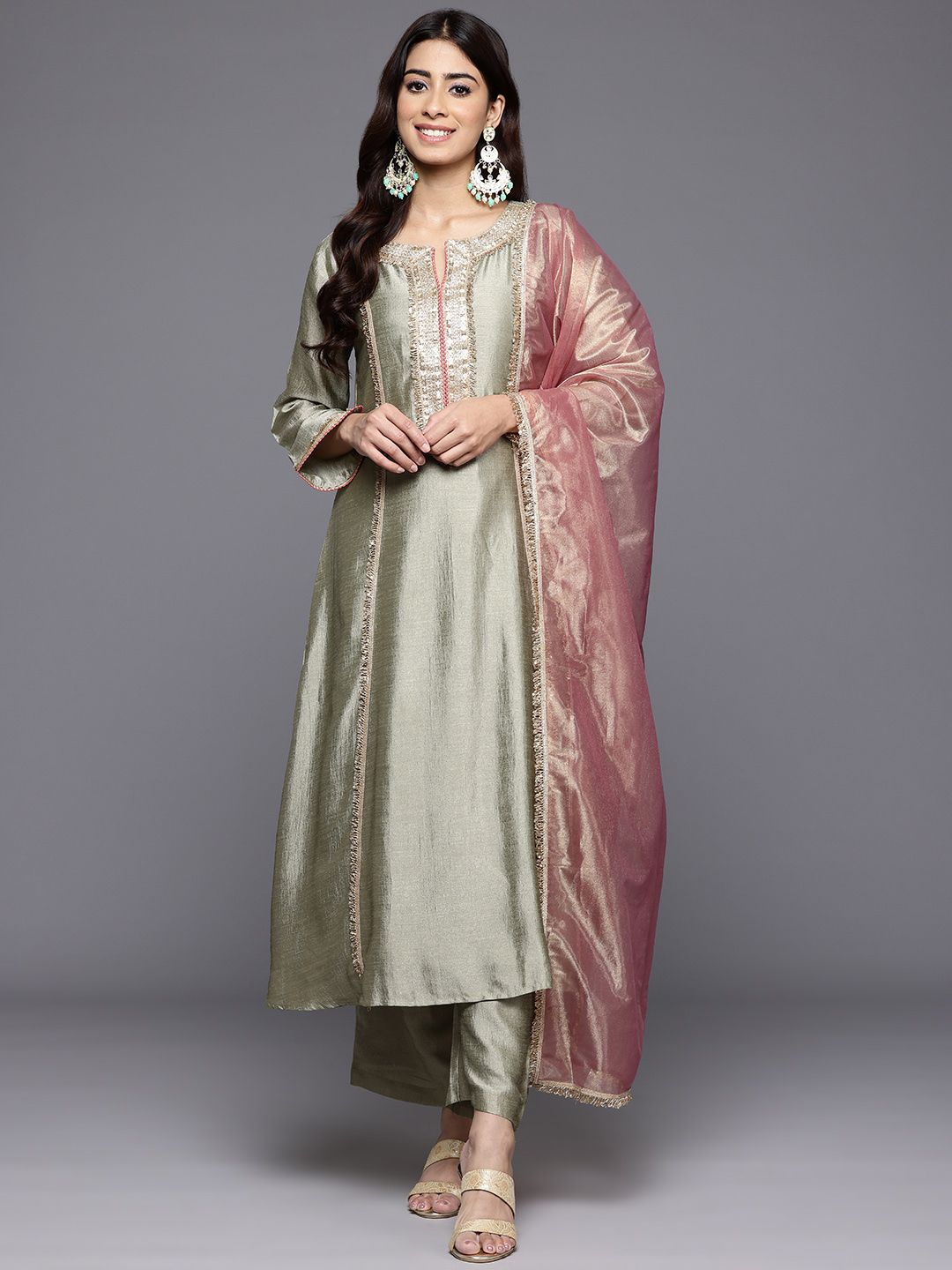 Dhiyona VA Women'sFloral Yoke Design Sequinned Panelled Anarkali Kurta With Palazzo & Dupatta