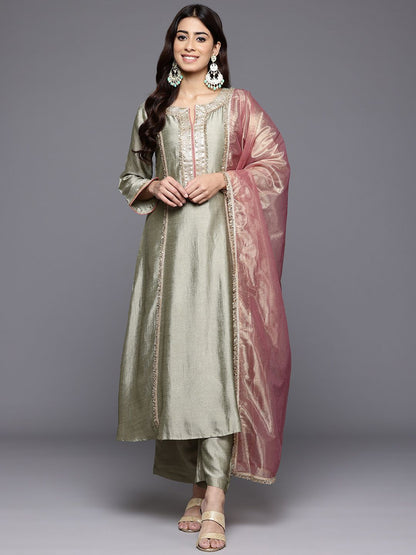 Dhiyona VA Women'sFloral Yoke Design Sequinned Panelled Anarkali Kurta With Palazzo & Dupatta