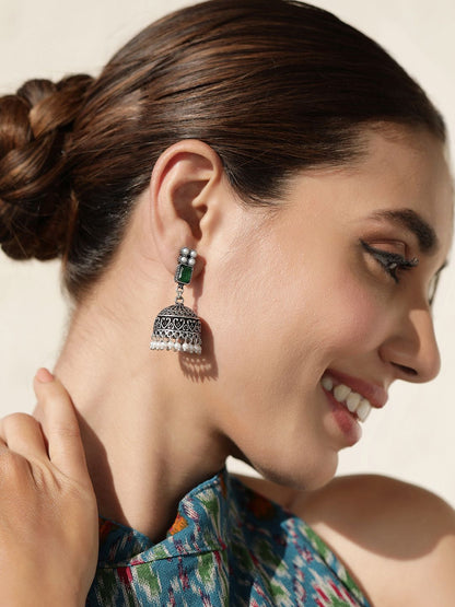 Dhiyona RJ Women's Silver-Toned & Green Dome Shaped Handcrafted Jhumkas