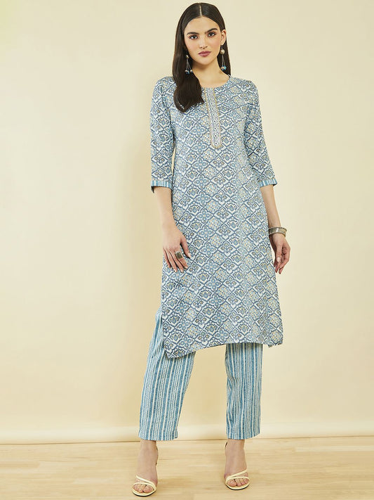 Dhiyona SO Women's Ethnic Motifs Printed Regular Gotta Patti Kurta with Trousers