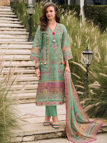 Dhiyona IE Floral Printed Sequinned Linen Kurta With Trousers And Dupatta
