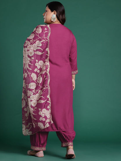 Plus Size Floral Zari Embroidered Kurta with Salwar & With Dupatta