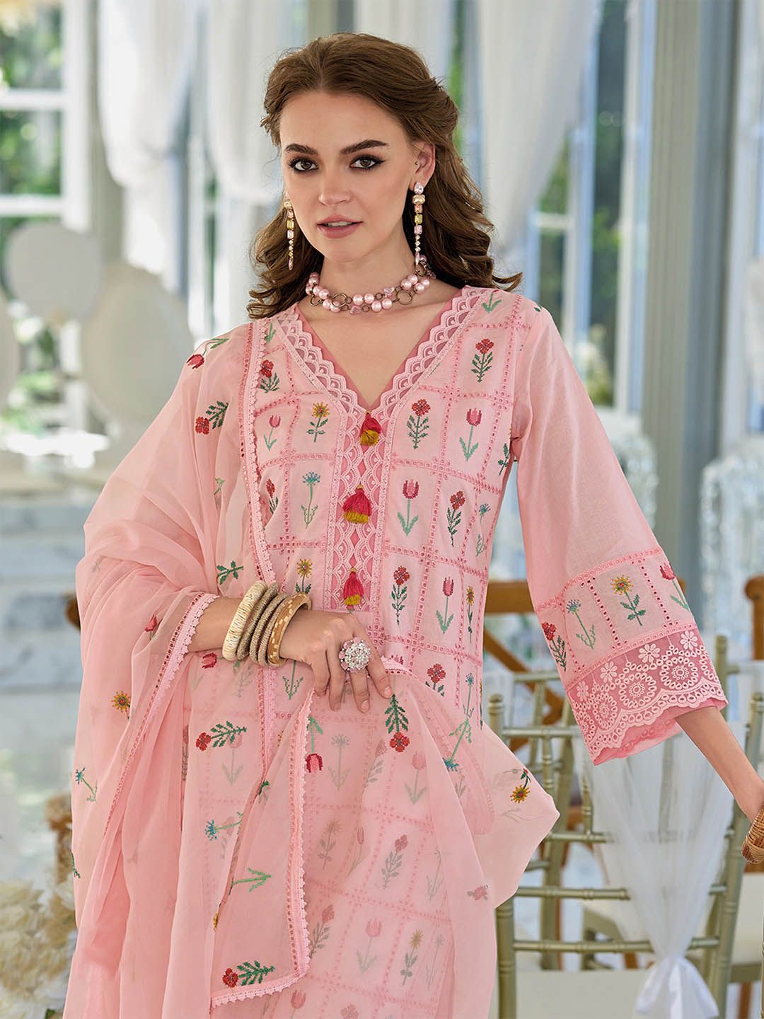 Dhiyona IE Floral Embroidered Thread Work Pure Cotton Kurta With Trousers & Dupatta