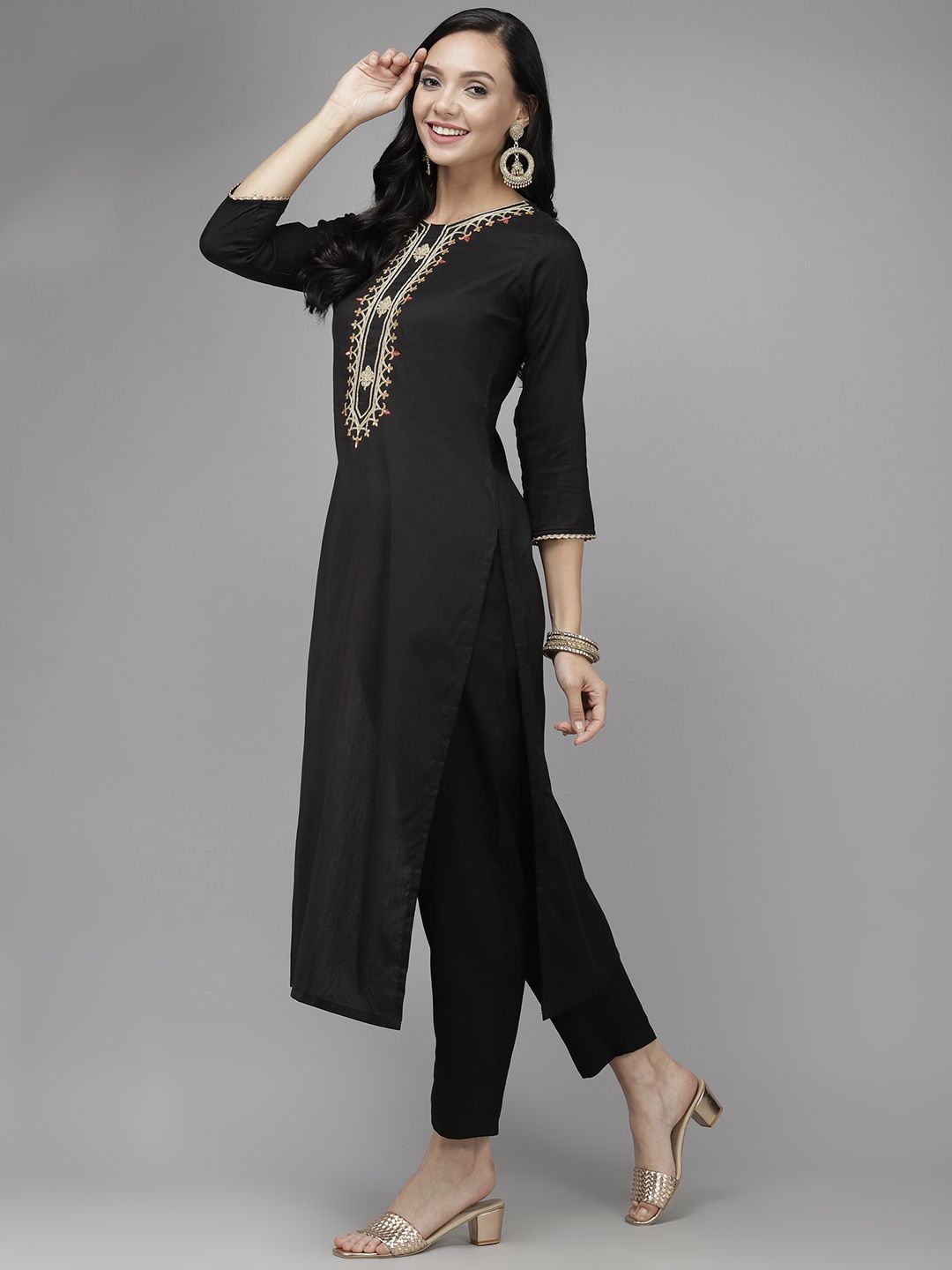Women Black Yoke Design Regular Sequinned Kurta with Trousers & Dupatta