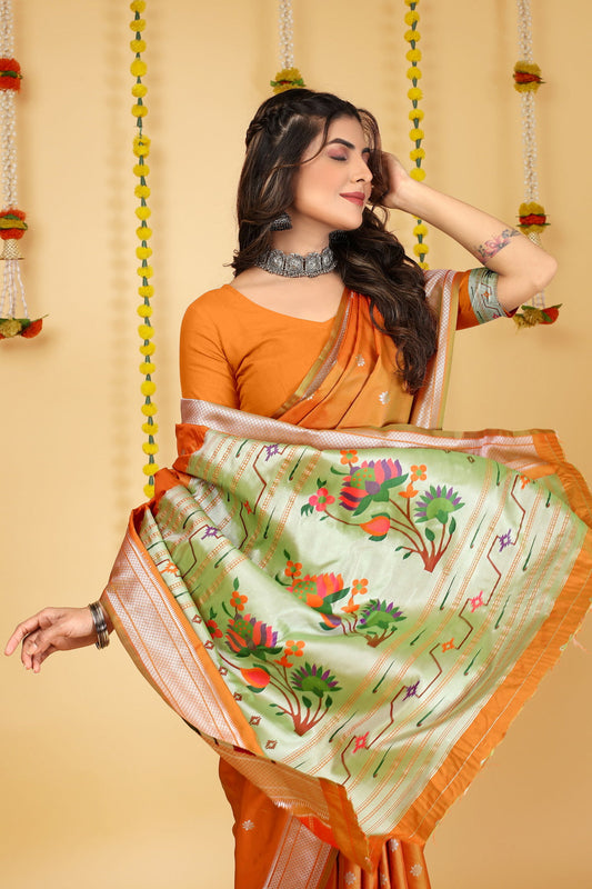 Dhiyona GR Women's Mastani Kesar Orange Zari Paithani Silk Saree