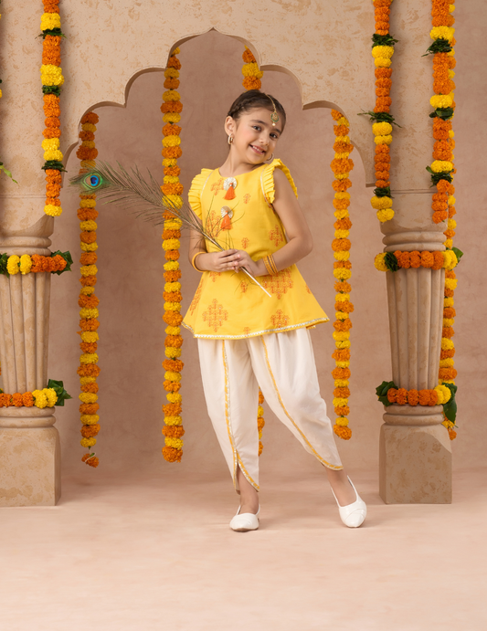 Marigold magic Girls Yellow Cotton Kurta and White Dhoti Ethnic Set