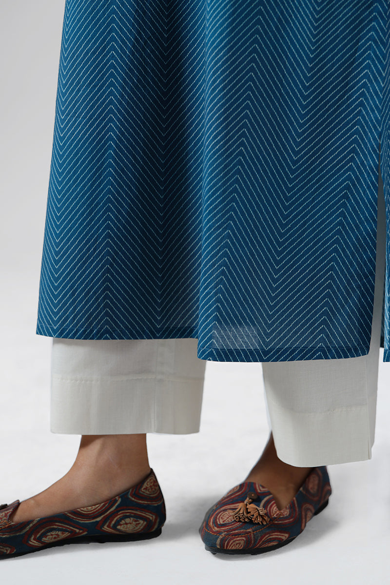 Women's Indigo Blue Cotton Kurta and Cream Bottom Set