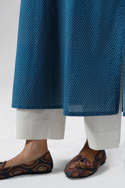 Women's Indigo Blue Cotton Kurta and Cream Bottom Set