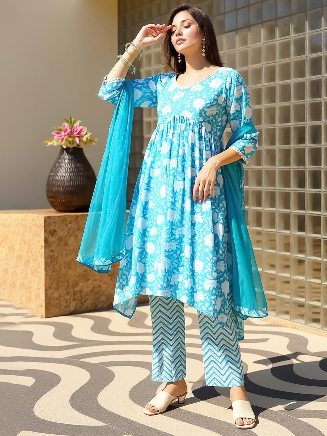 Dhiyona IE Floral Printed Empire Mirror Work Cotton A-Line Kurta with Trousers & Dupatta