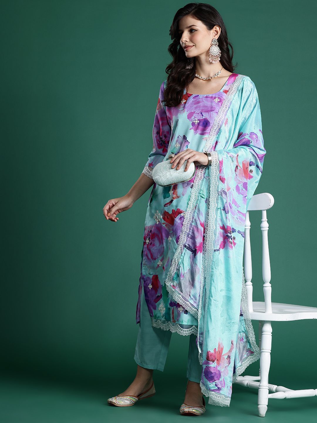 Dhiyona IE Floral Embroidered Empire Thread Work Kurta With Trousers & Dupatta