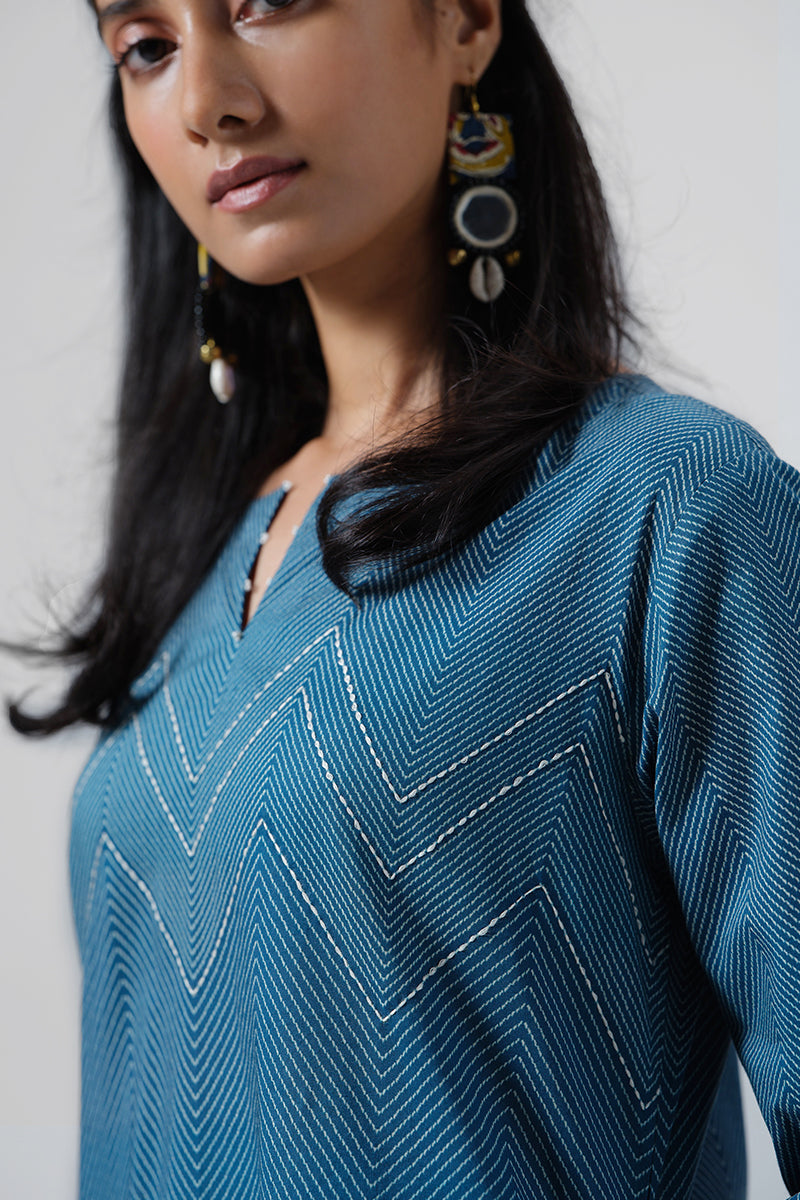 Women's Indigo Blue Cotton Kurta and Cream Bottom Set