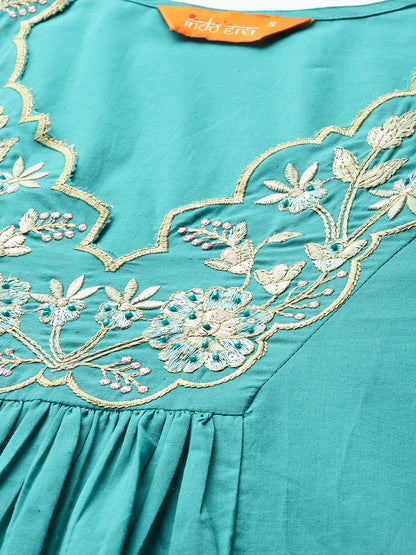 Dhiyona IE Floral Embroidered Pure Cotton Kurta with Trousers & Dupatta