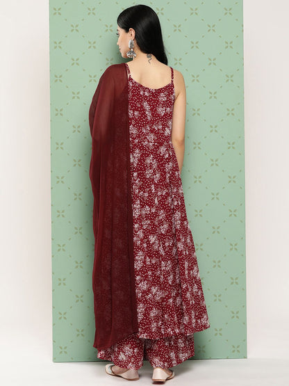 Dhiyona VA Women's Floral Printed Panelled Silk Georgette Kurta with Palazzos & With Dupatta