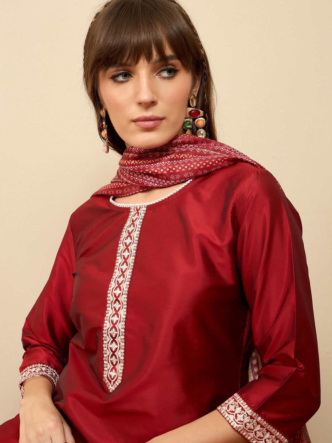 Straight Sequinned Kurta with Trousers & Dupatta