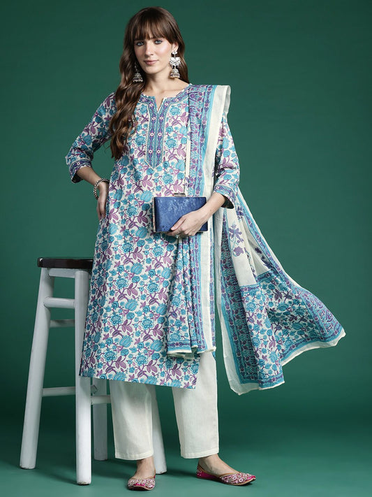 Dhiyona IE Floral Printed Regular Pure Cotton Kurta with Trousers & Dupatta