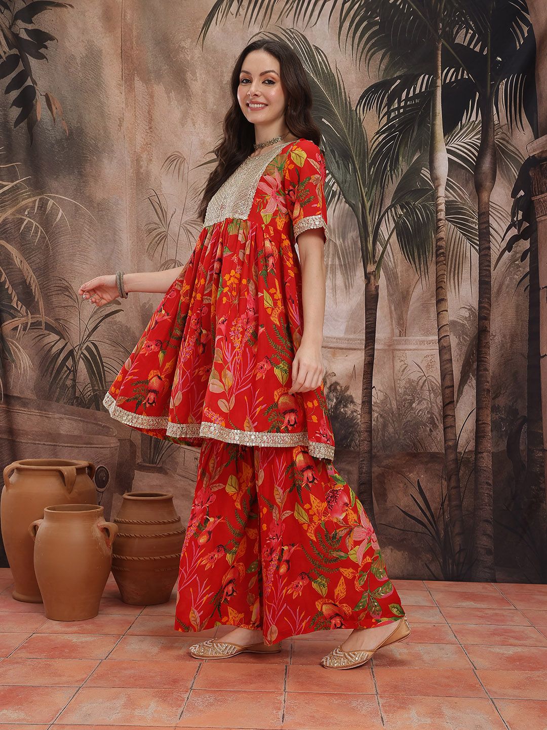 Dhiyona SN Women's Floral Printed Pleated Kurta with Sharara & With Dupatta