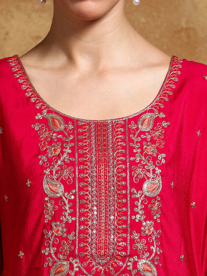 Dhiyona VA Women'sFloral Embroidered Round Neck Straight Kurta With Trousers & Dupatta