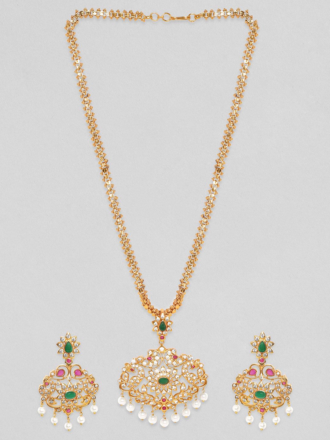 Dhiyona RJ Women's Women Gold-Plated Green CZ Stone Studded Temple Jewellery Set