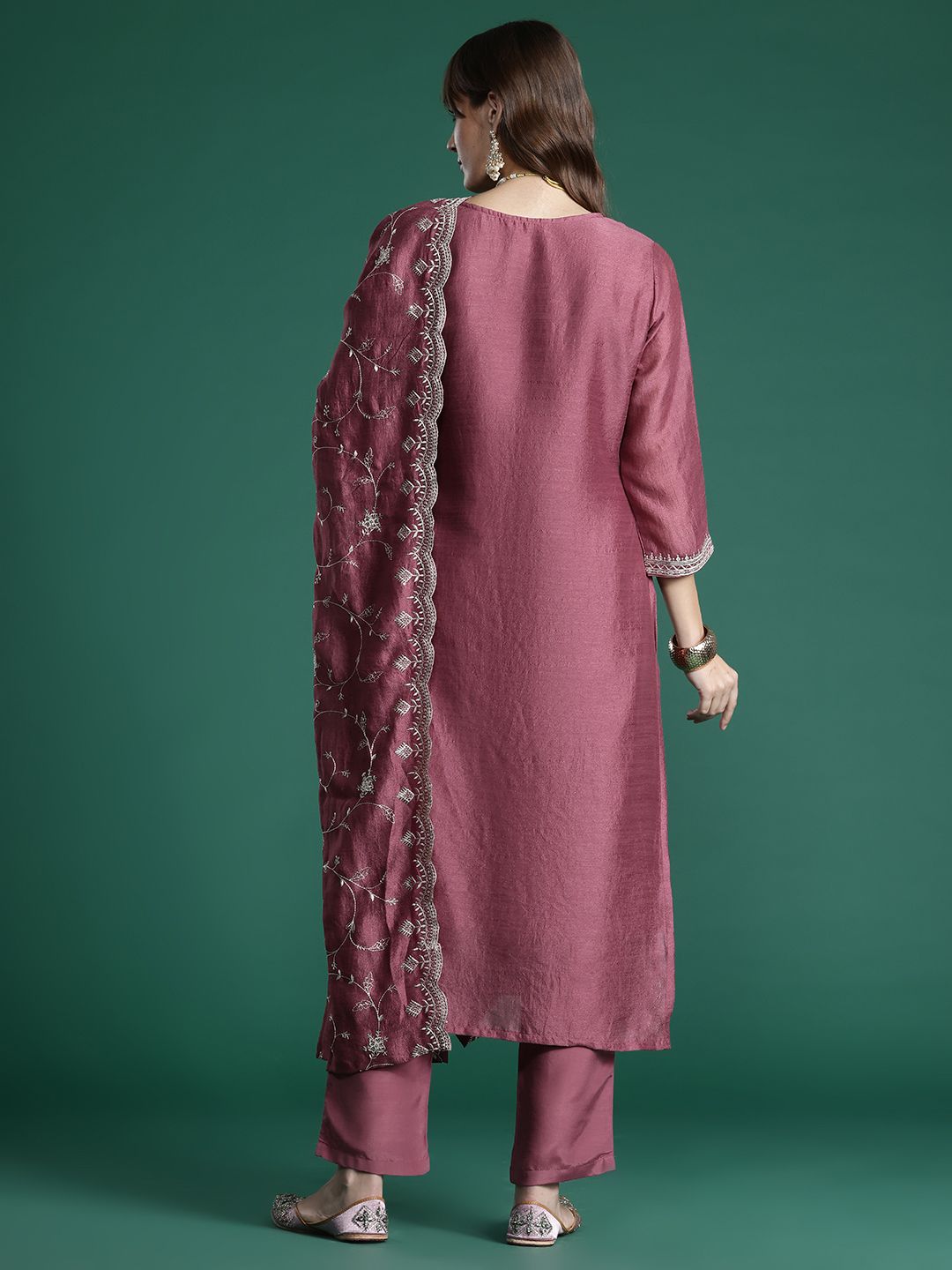 Floral Embroidered Thread Work Kurta with Trousers & With Dupatta