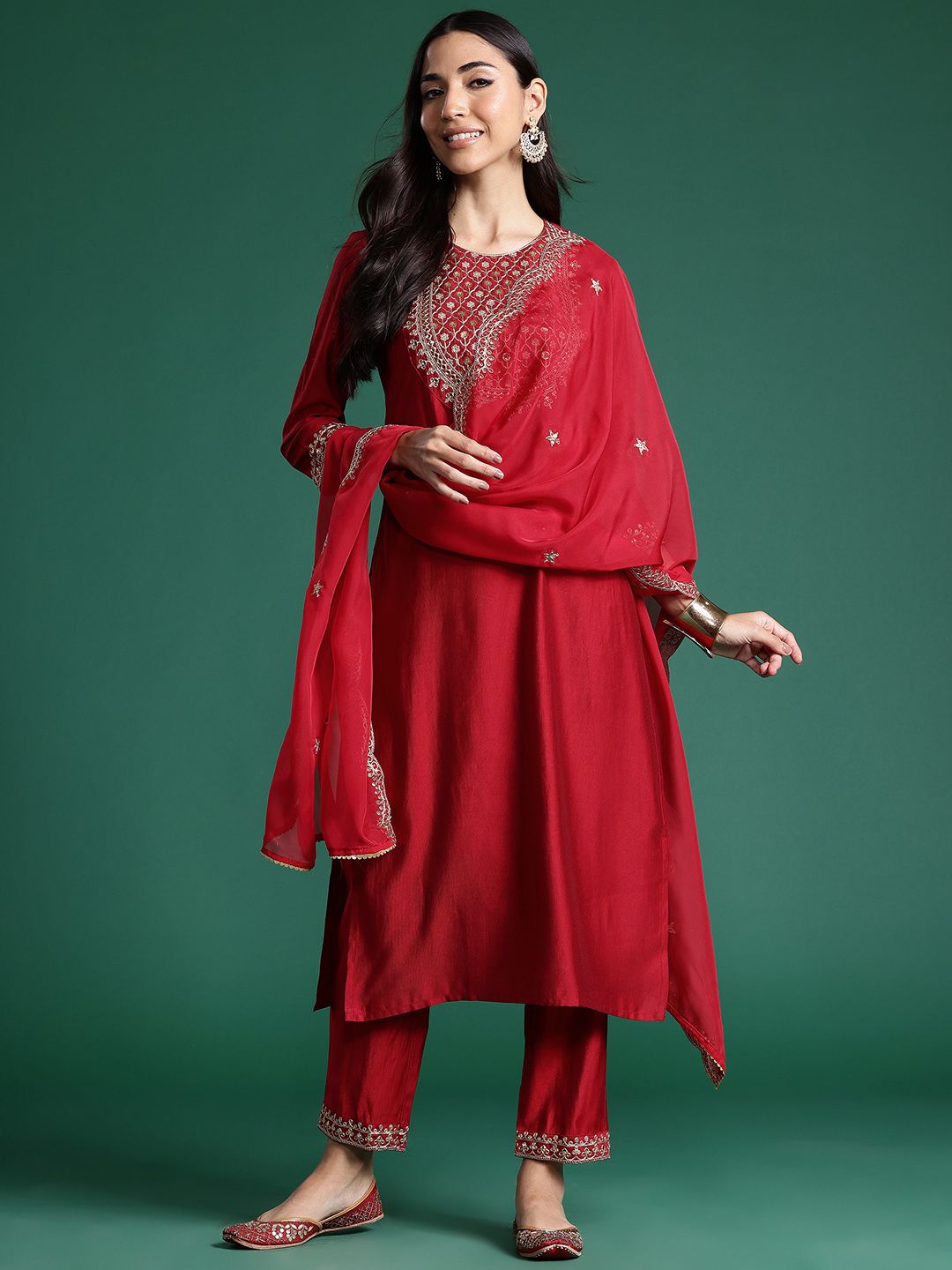 Dhiyona IE Women Ethnic Motifs Embroidered Regular Sequinned Liva Kurta with Trousers & With Dupatta