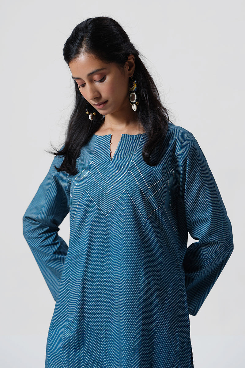 Women's Indigo Blue Cotton Kurta and Cream Bottom Set
