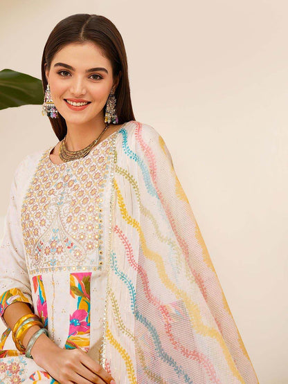 Dhiyona IS Women's Floral Printed A-Line Mirror Work Kurta with Trousers & Dupatta