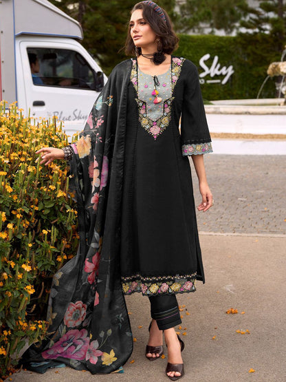 Floral Embroidered Thread Work Pure Cotton Kurta with Trousers & Dupatta