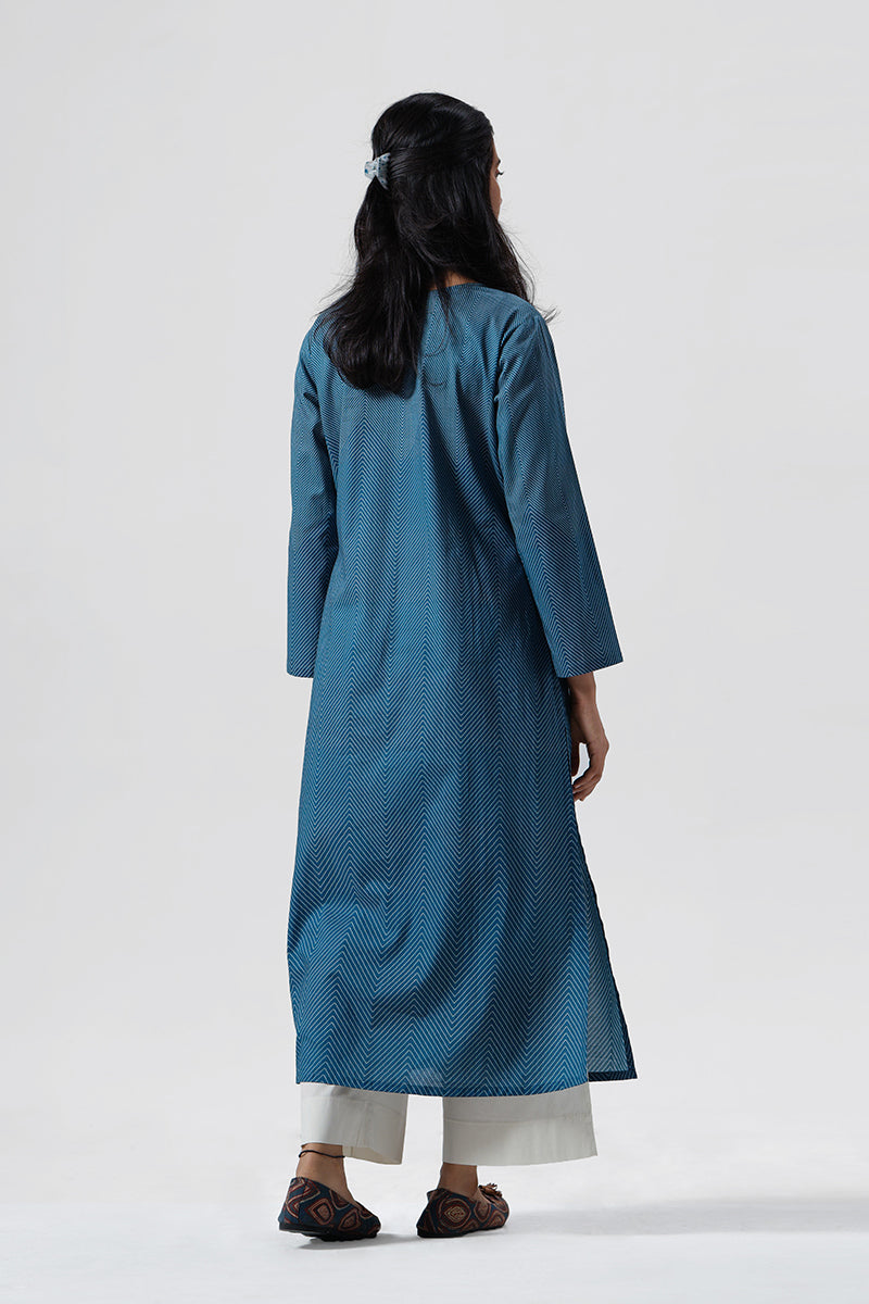 Women's Indigo Blue Cotton Kurta and Cream Bottom Set