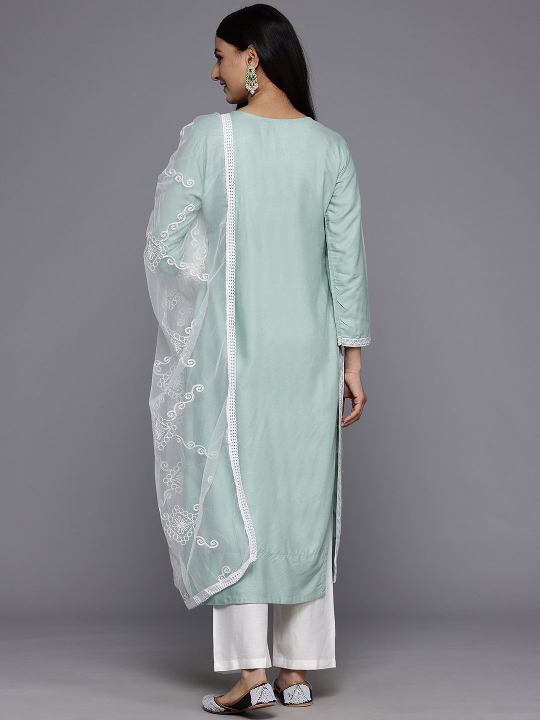Dhiyona VA Women'sFloral Embroidered Panelled Thread Work Kurta With Trousers & Dupatta