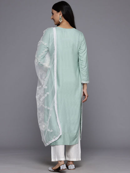 Dhiyona VA Women'sFloral Embroidered Panelled Thread Work Kurta With Trousers & Dupatta