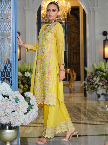 Adults-Women Woven Design Embroidered Kurta with Palazzos & Dupatta