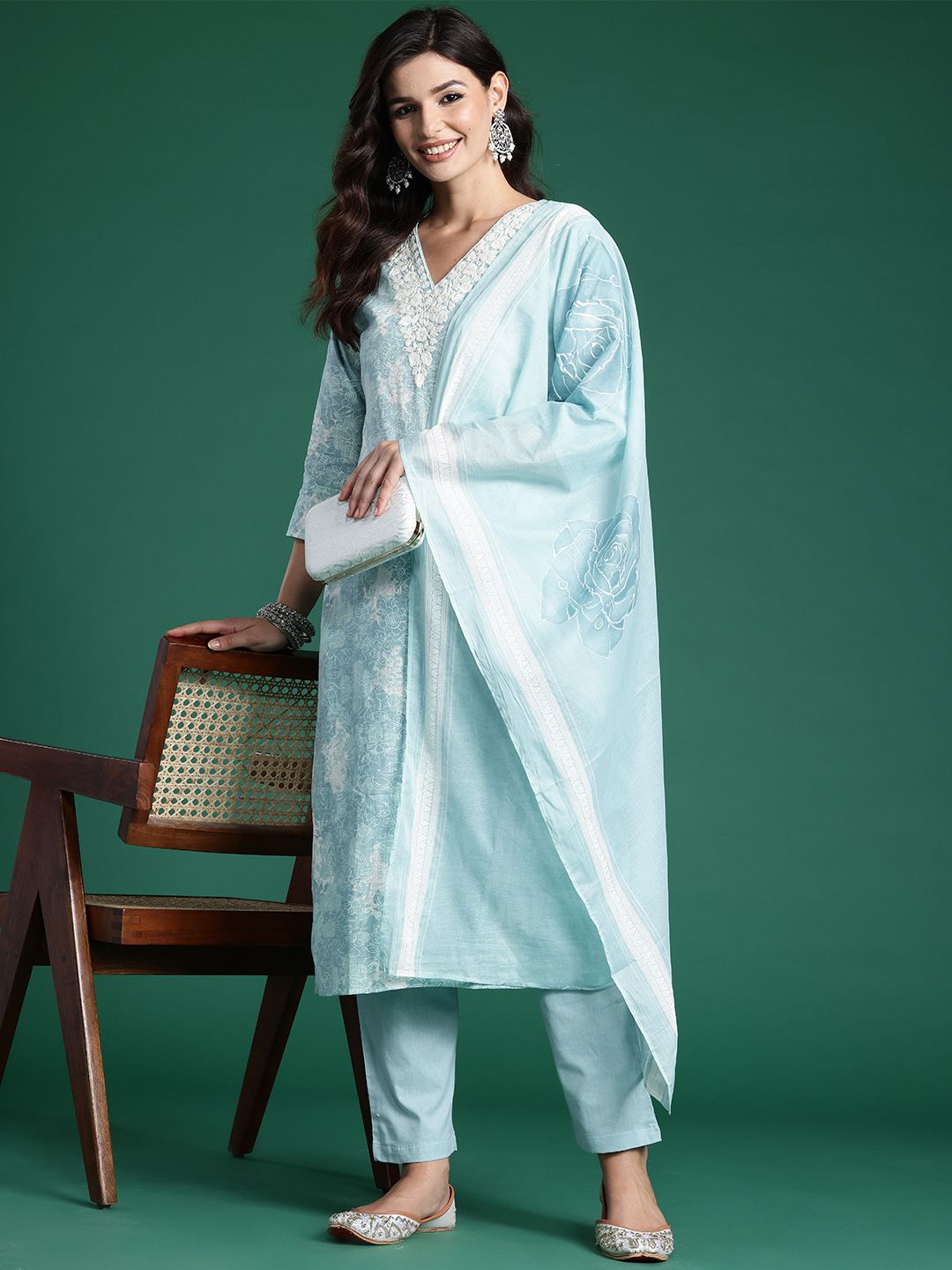 Floral Printed Thread Work Pure Cotton Kurta With Trousers & Dupatta
